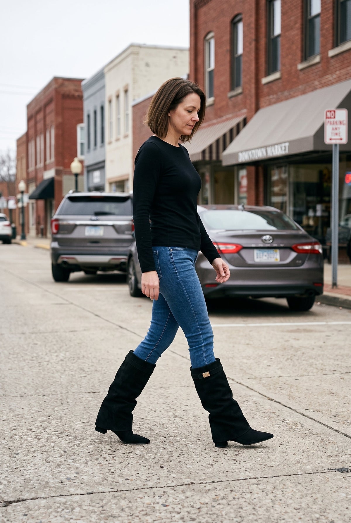 Classic Fold-Over Leather Knee High Boots with Block Heel