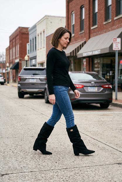 Classic Fold-Over Leather Knee High Boots with Block Heel