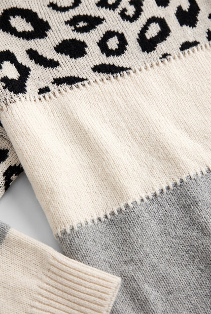 Casual Knit Sweater with Leopard Yoke and Color Block