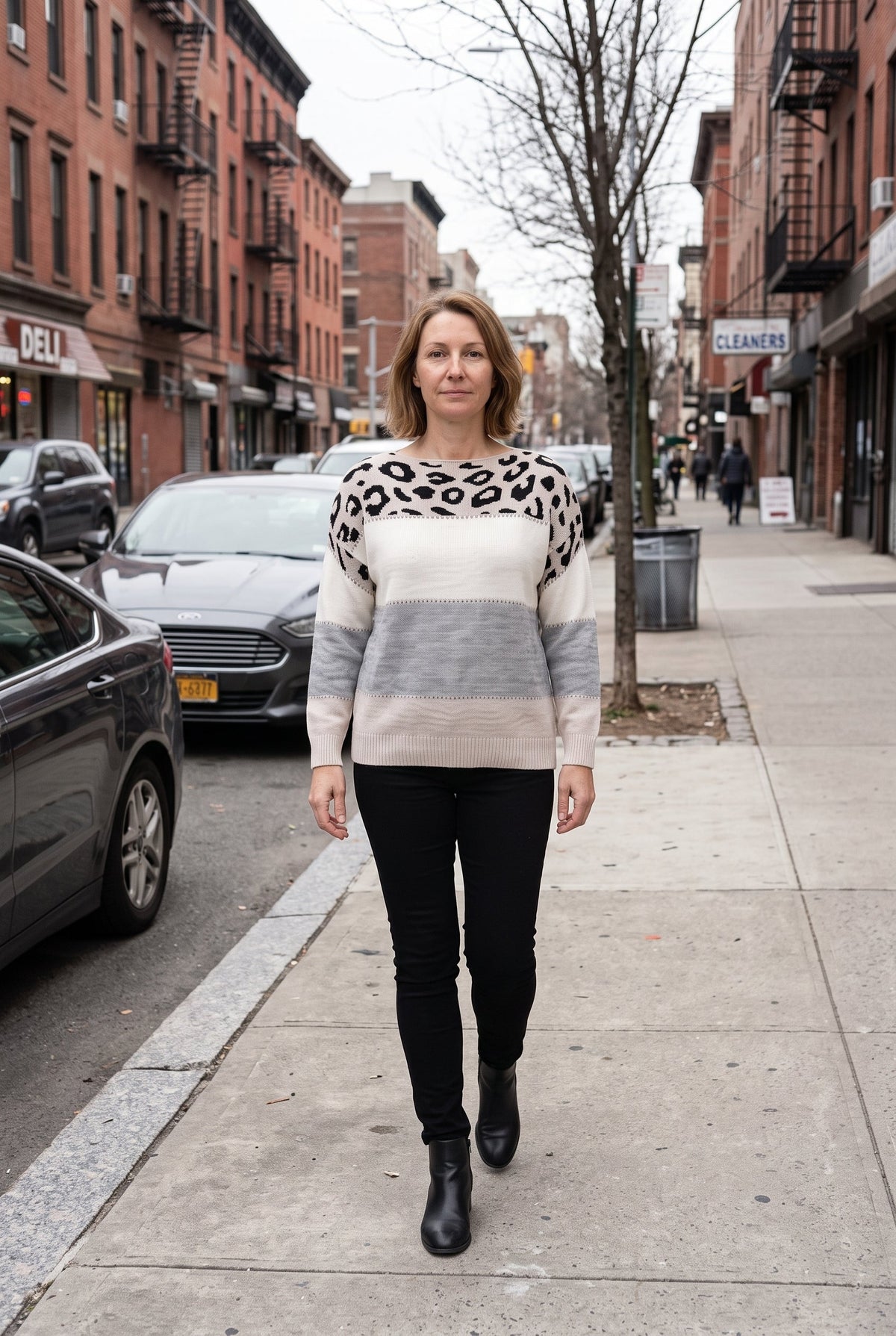 Casual Knit Sweater with Leopard Yoke and Color Block