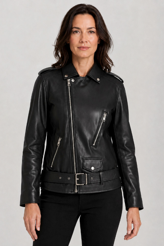 Stylish Leather-Look Jacket with Asymmetric Zip and Snap Collar
