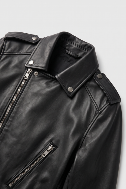 Stylish Leather-Look Jacket with Asymmetric Zip and Snap Collar