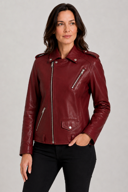 Stylish Leather-Look Jacket with Asymmetric Zip and Snap Collar