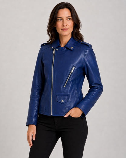 Stylish Leather-Look Jacket with Asymmetric Zip and Snap Collar