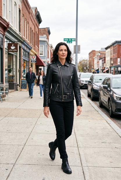 Stylish Leather-Look Jacket with Asymmetric Zip and Snap Collar