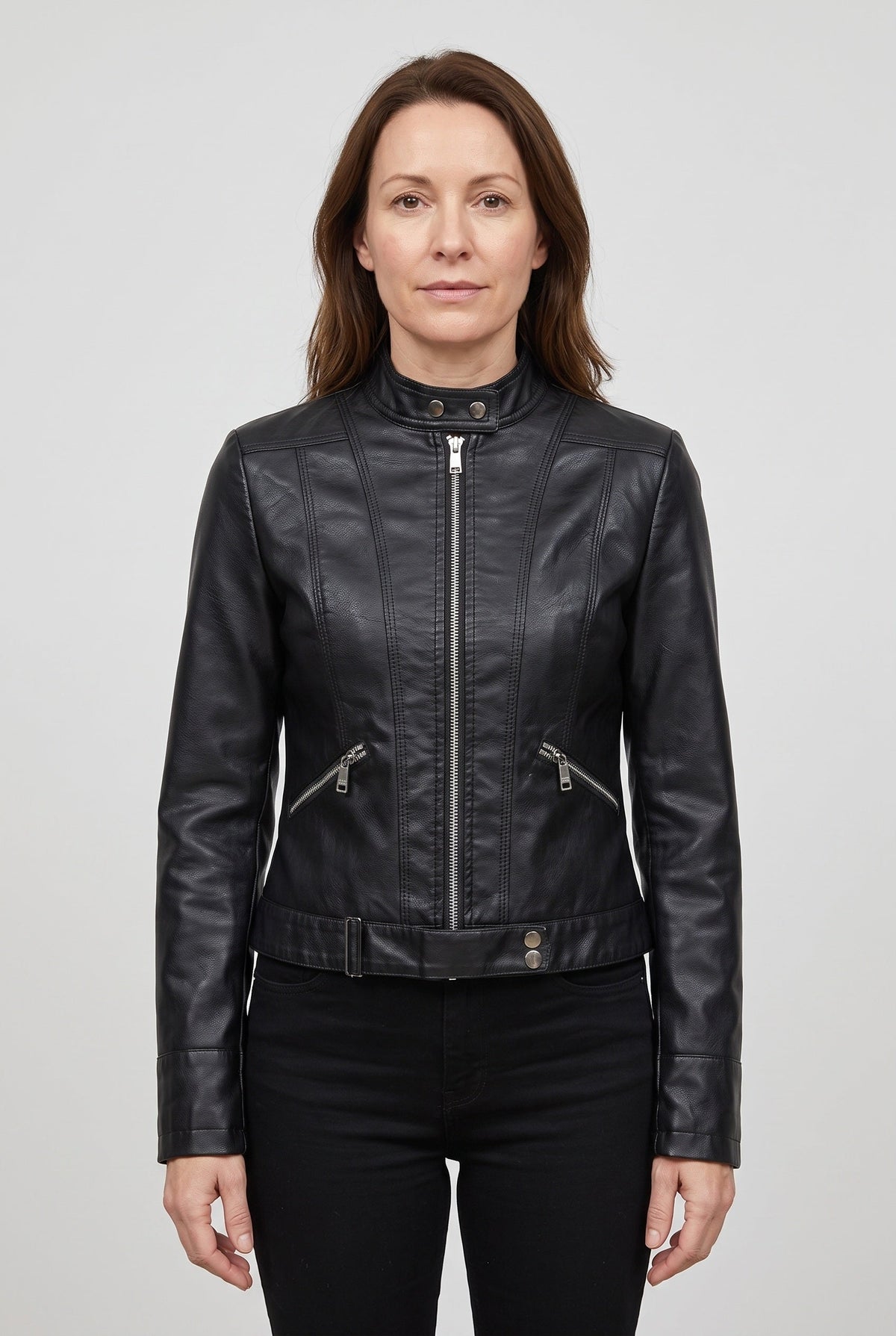 Classic Cropped Leather-Look Jacket with Stand Collar and Zip
