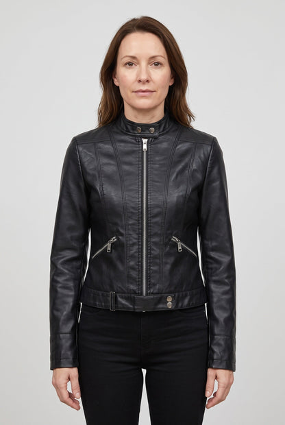 Classic Cropped Leather-Look Jacket with Stand Collar and Zip