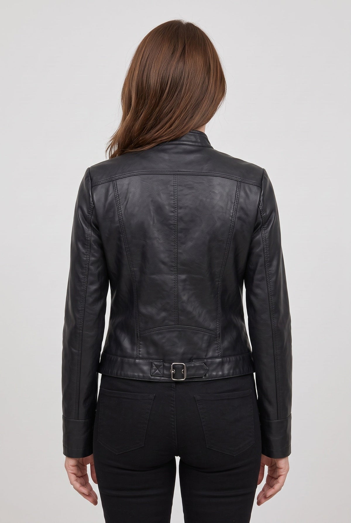 Classic Cropped Leather-Look Jacket with Stand Collar and Zip