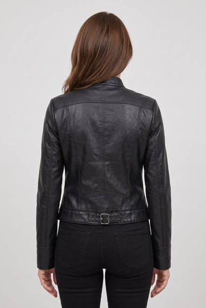 Classic Cropped Leather-Look Jacket with Stand Collar and Zip