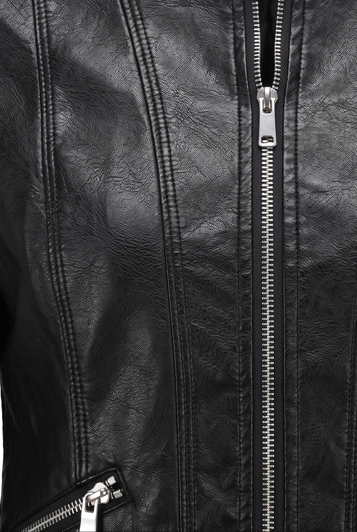 Classic Cropped Leather-Look Jacket with Stand Collar and Zip