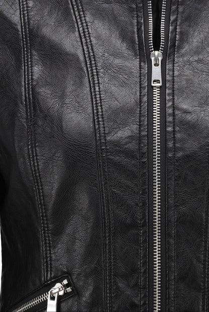 Classic Cropped Leather-Look Jacket with Stand Collar and Zip