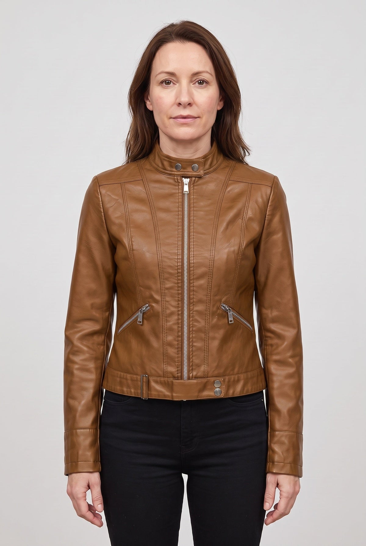 Classic Cropped Leather-Look Jacket with Stand Collar and Zip
