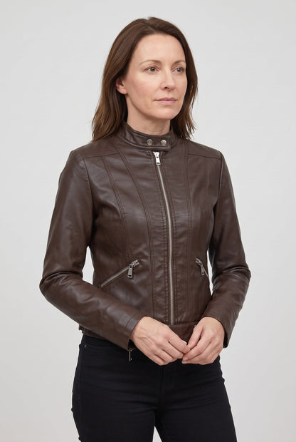 Classic Cropped Leather-Look Jacket with Stand Collar and Zip