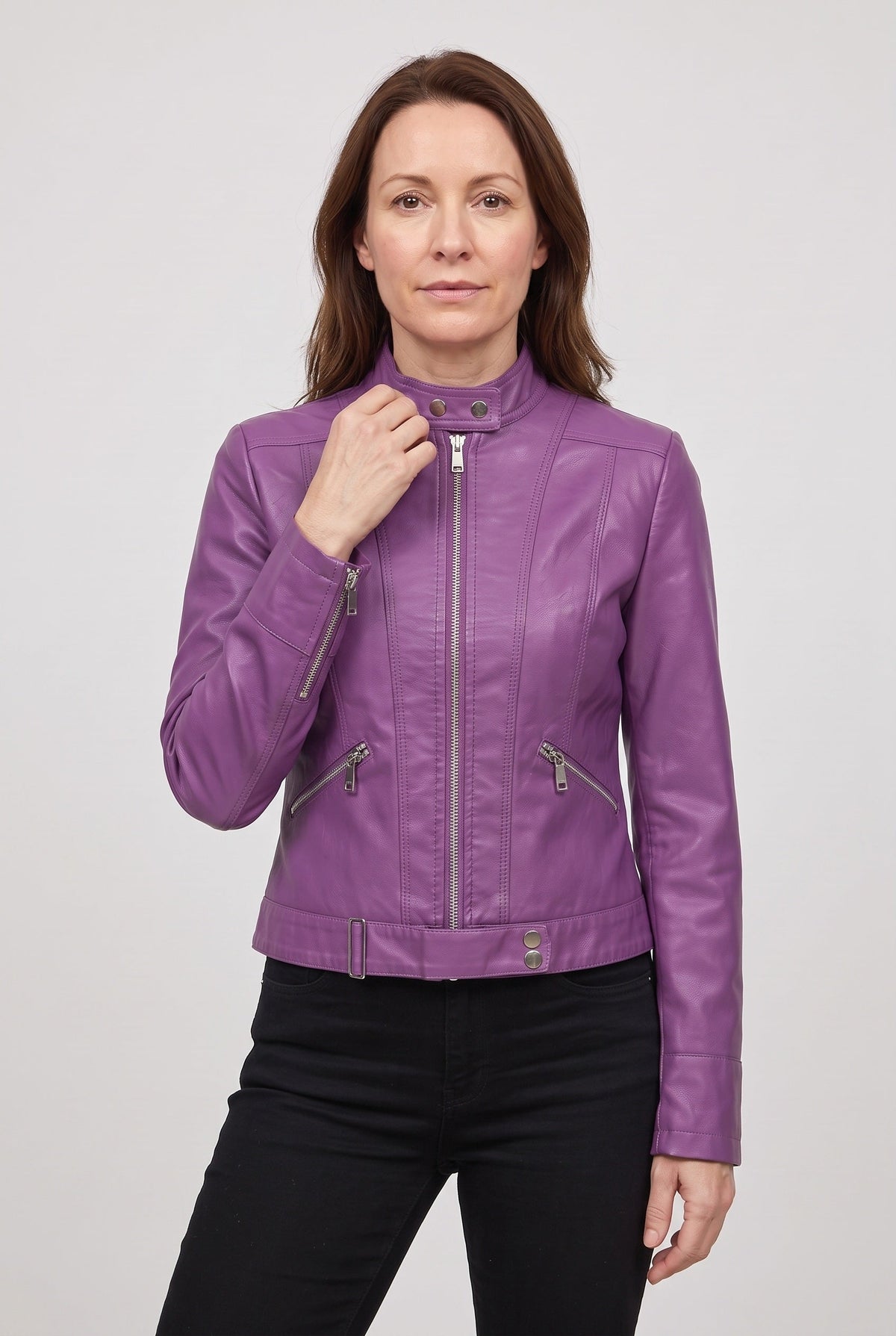 Classic Cropped Leather-Look Jacket with Stand Collar and Zip