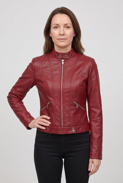 Classic Cropped Leather-Look Jacket with Stand Collar and Zip