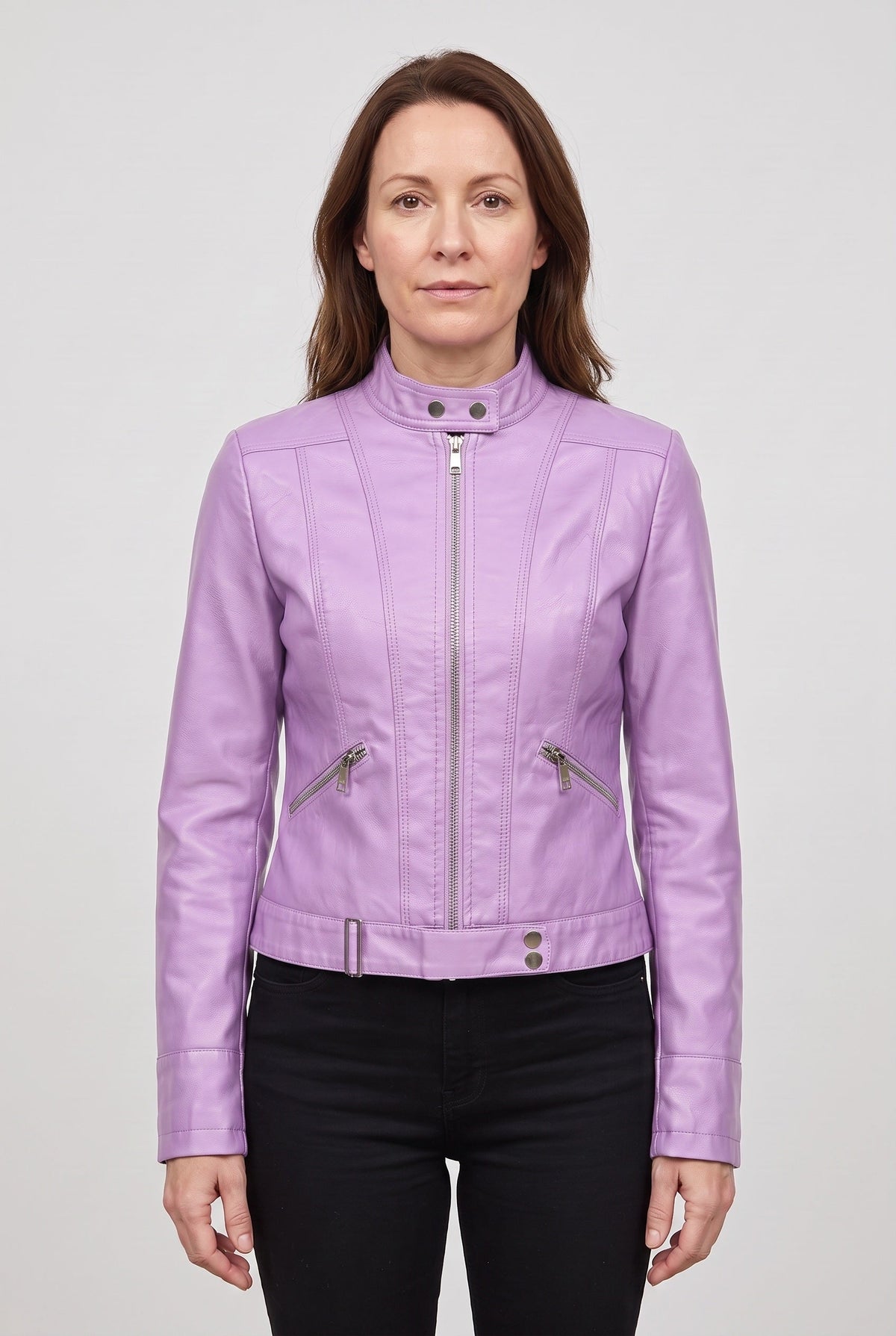 Classic Cropped Leather-Look Jacket with Stand Collar and Zip