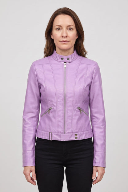 Classic Cropped Leather-Look Jacket with Stand Collar and Zip