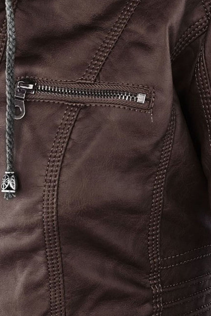 Classic Hooded Leather-Look Zip Jacket with Chest Pockets