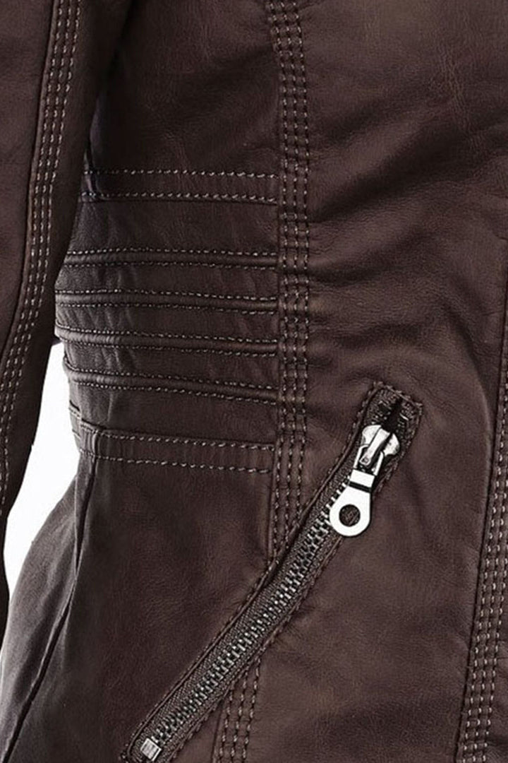 Classic Hooded Leather-Look Zip Jacket with Chest Pockets