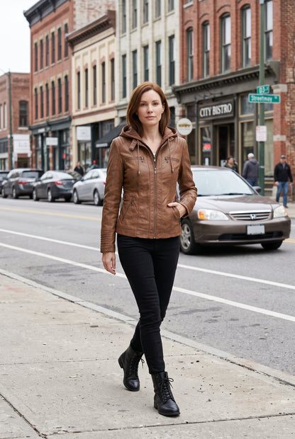 Classic Hooded Leather-Look Zip Jacket with Chest Pockets
