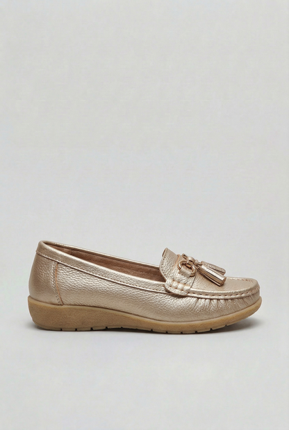 Classic Tassel Trim Leather Loafers with Low Wedge Sole
