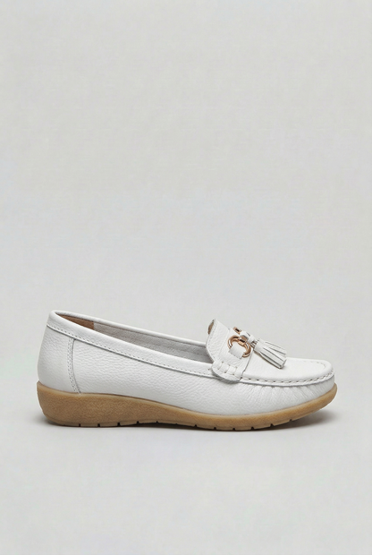 Classic Tassel Trim Leather Loafers with Low Wedge Sole