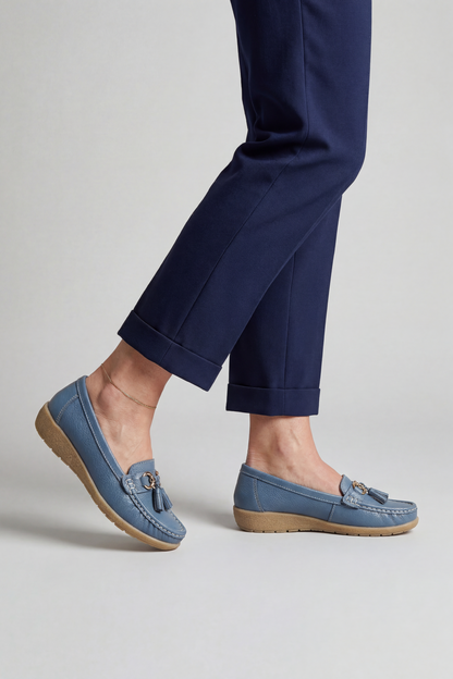 Classic Tassel Trim Leather Loafers with Low Wedge Sole