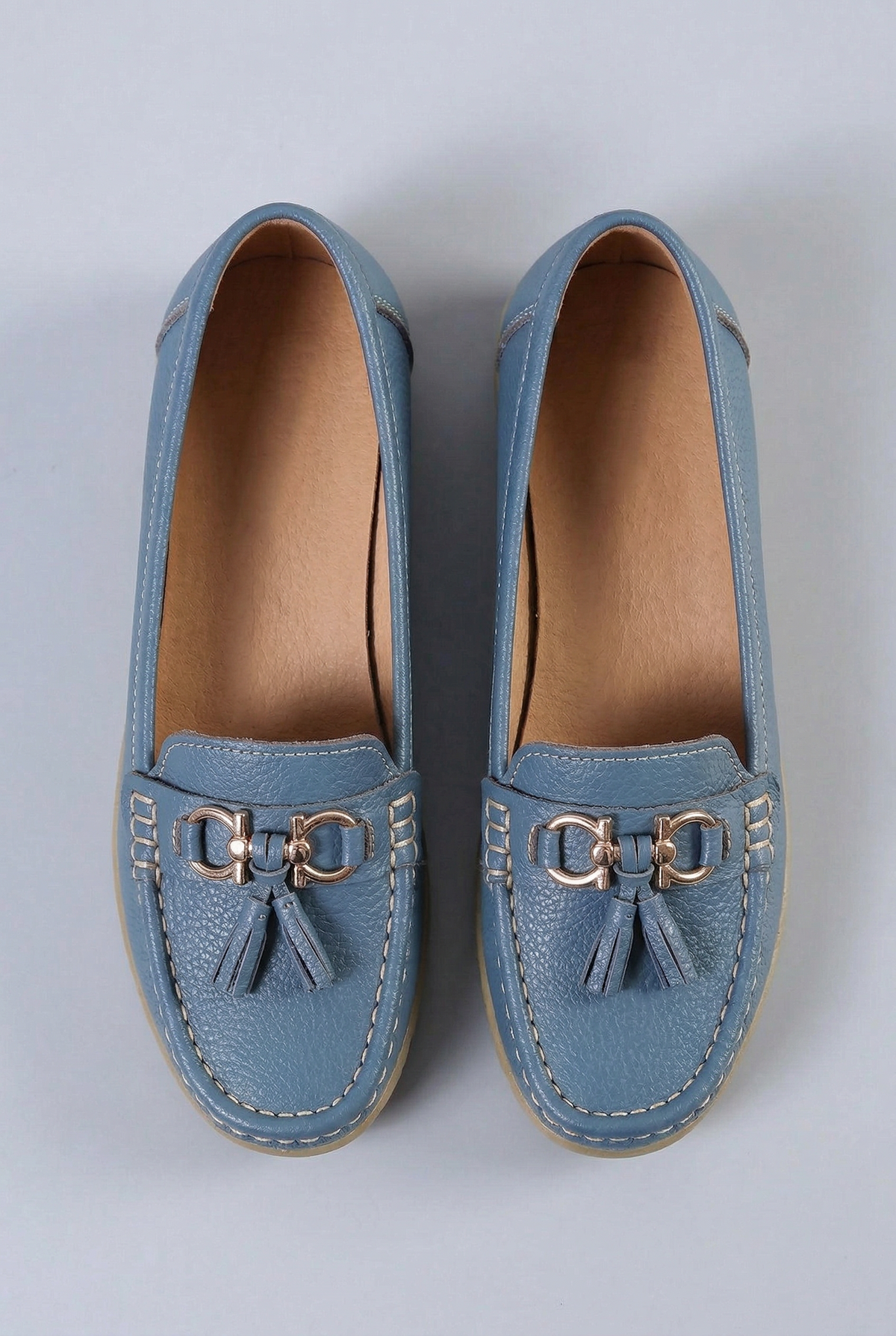 Classic Tassel Trim Leather Loafers with Low Wedge Sole