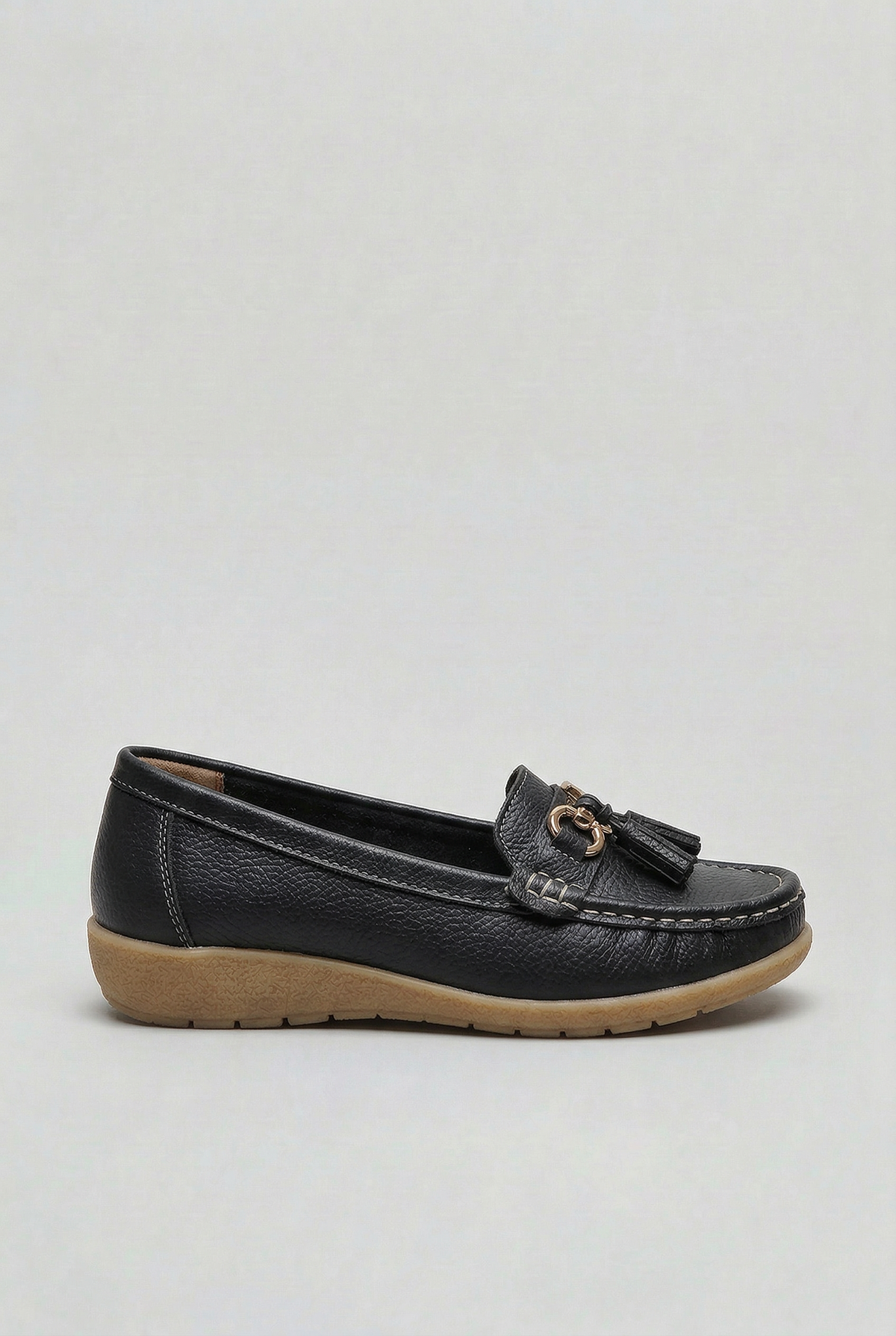 Classic Tassel Trim Leather Loafers with Low Wedge Sole