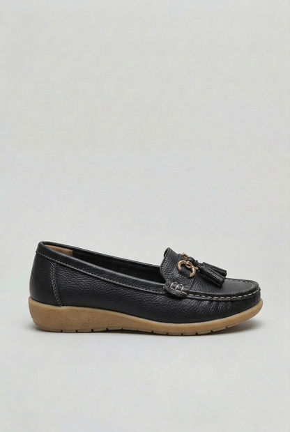 Classic Tassel Trim Leather Loafers with Low Wedge Sole
