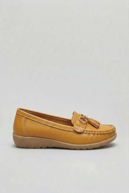 Classic Tassel Trim Leather Loafers with Low Wedge Sole