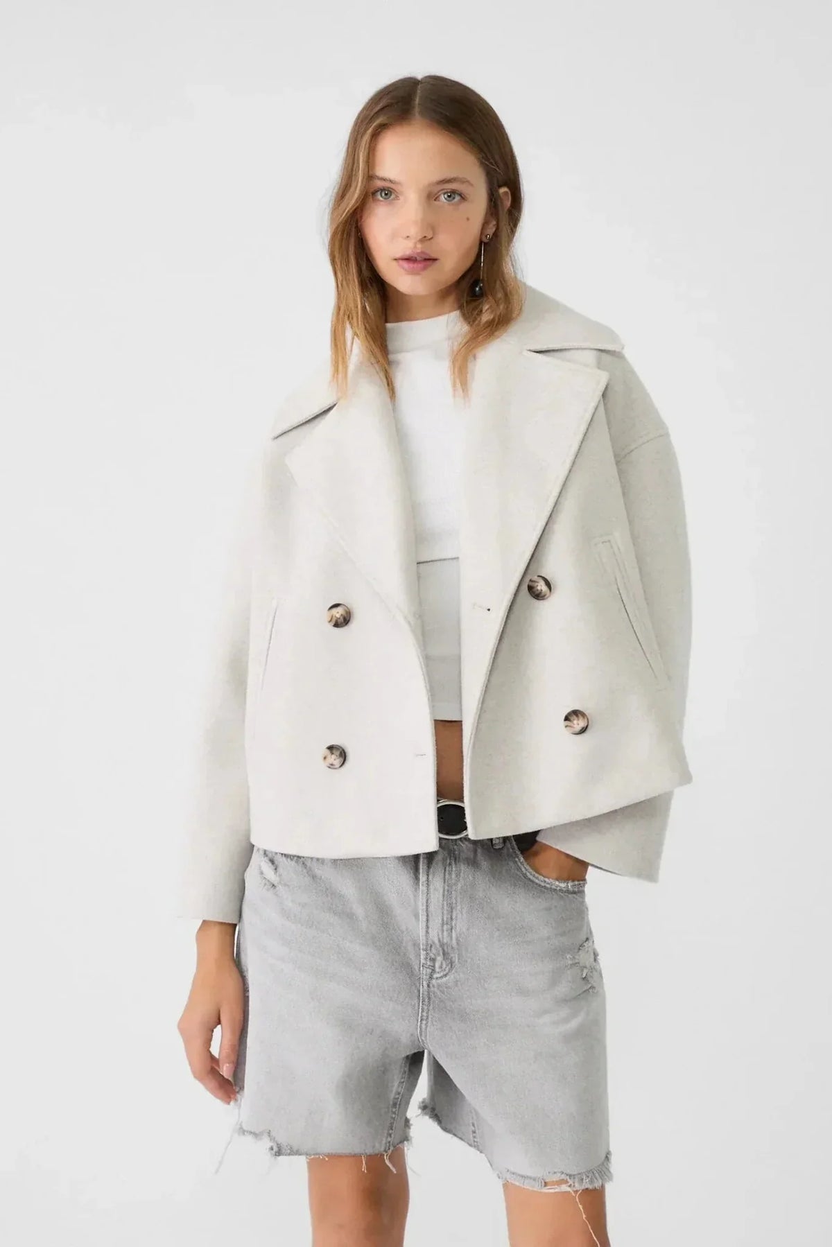 Classic Double-Breasted Cropped Pea Coat
