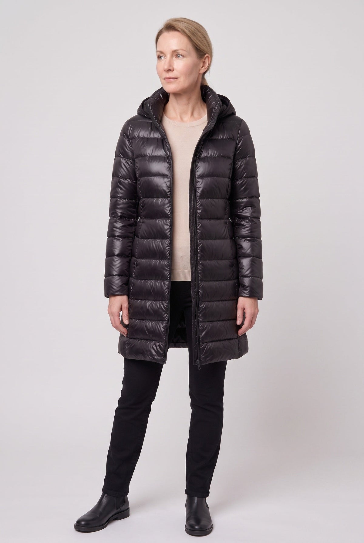 Classic Longline Hooded Puffer Jacket with Zip Front