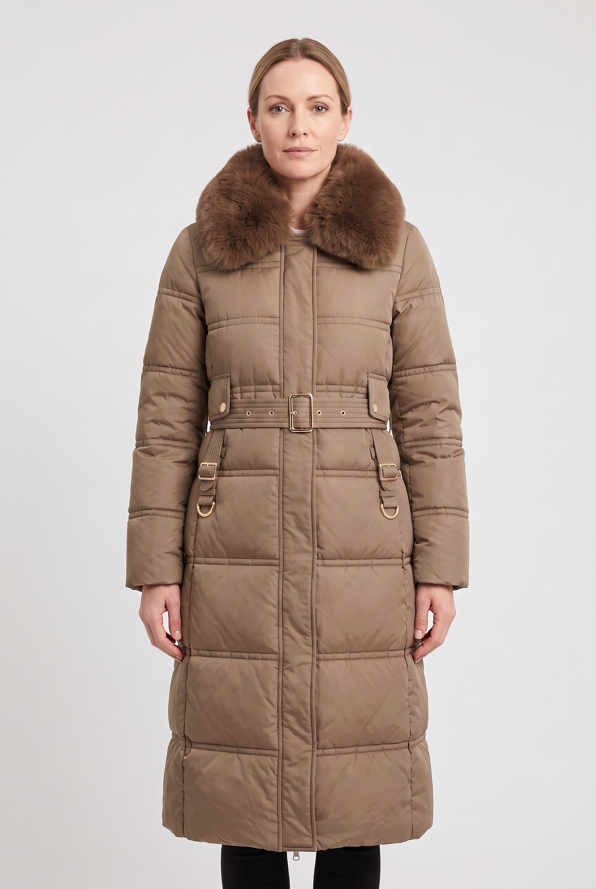 Classic Quilted Belted Coat with Faux Fur Collar