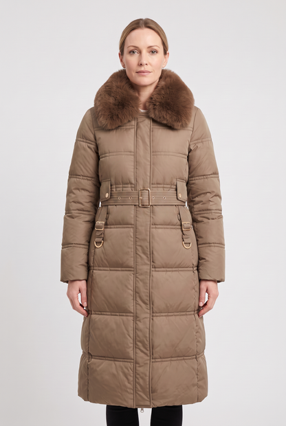 Classic Quilted Belted Coat with Faux Fur Collar