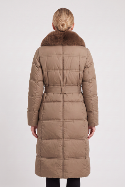 Classic Quilted Belted Coat with Faux Fur Collar