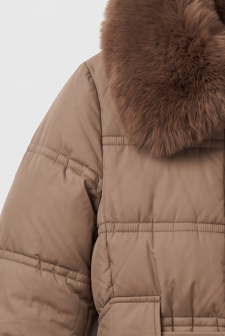 Classic Quilted Belted Coat with Faux Fur Collar
