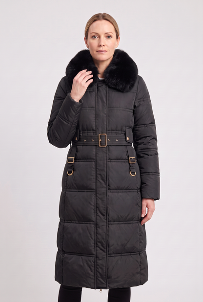 Classic Quilted Belted Coat with Faux Fur Collar