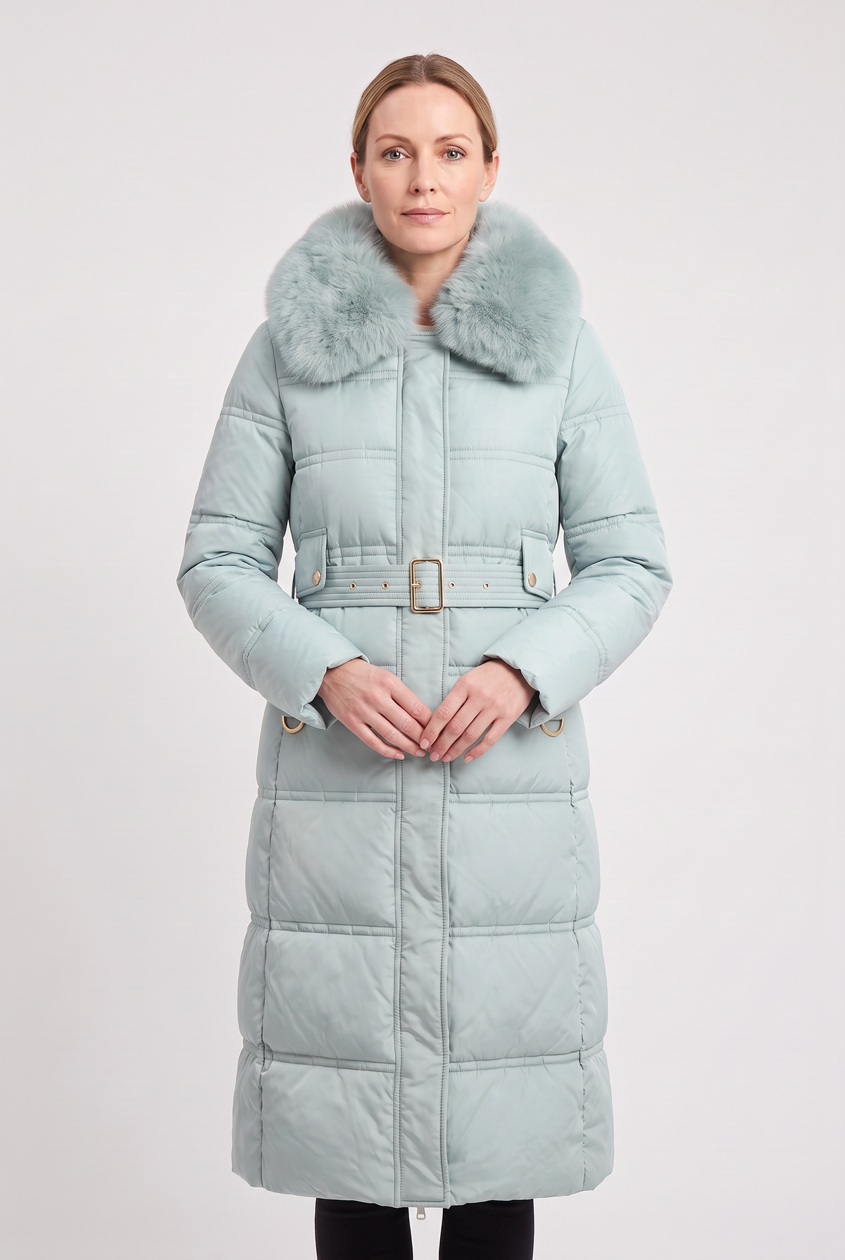 Classic Quilted Belted Coat with Faux Fur Collar