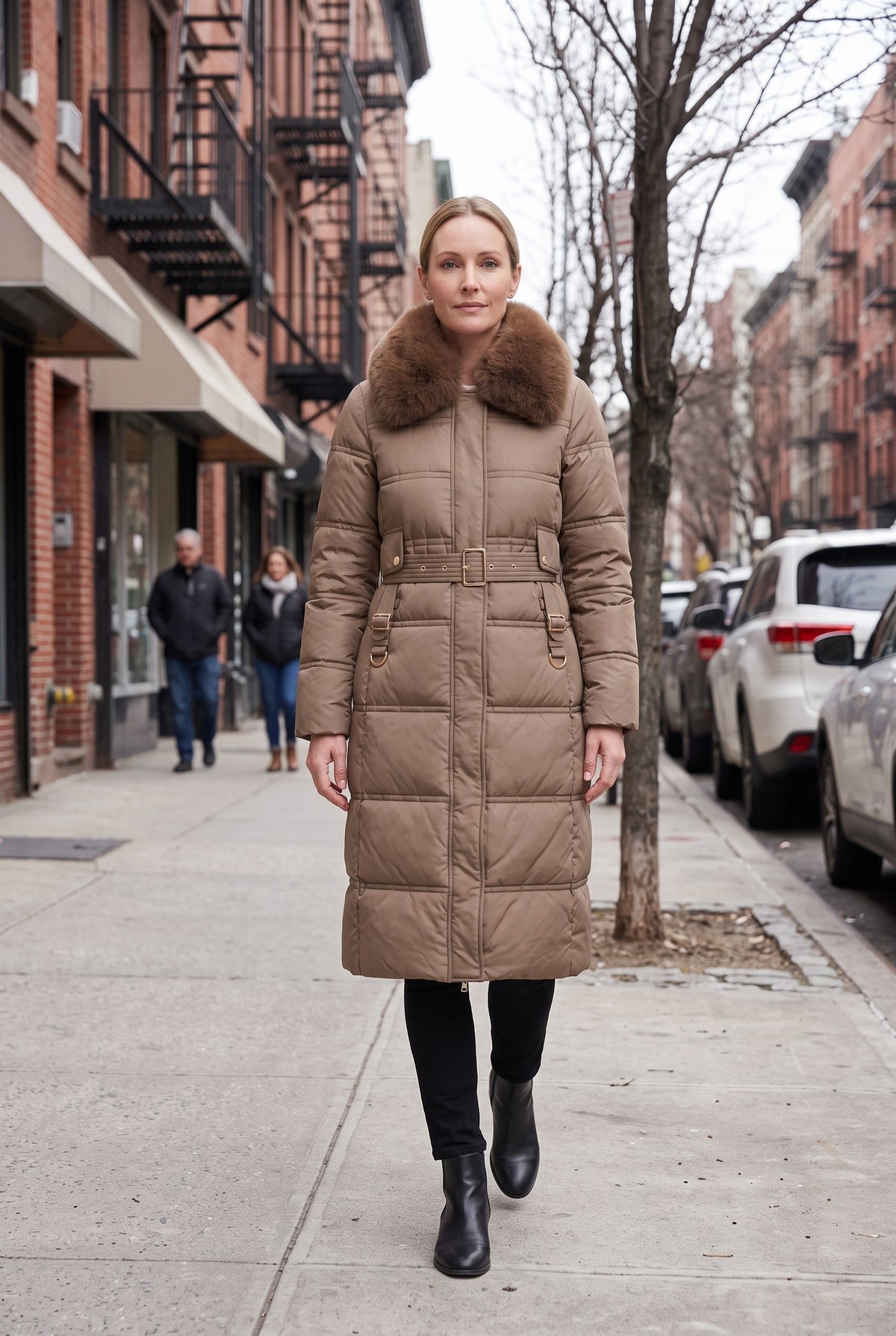 Classic Quilted Belted Coat with Faux Fur Collar