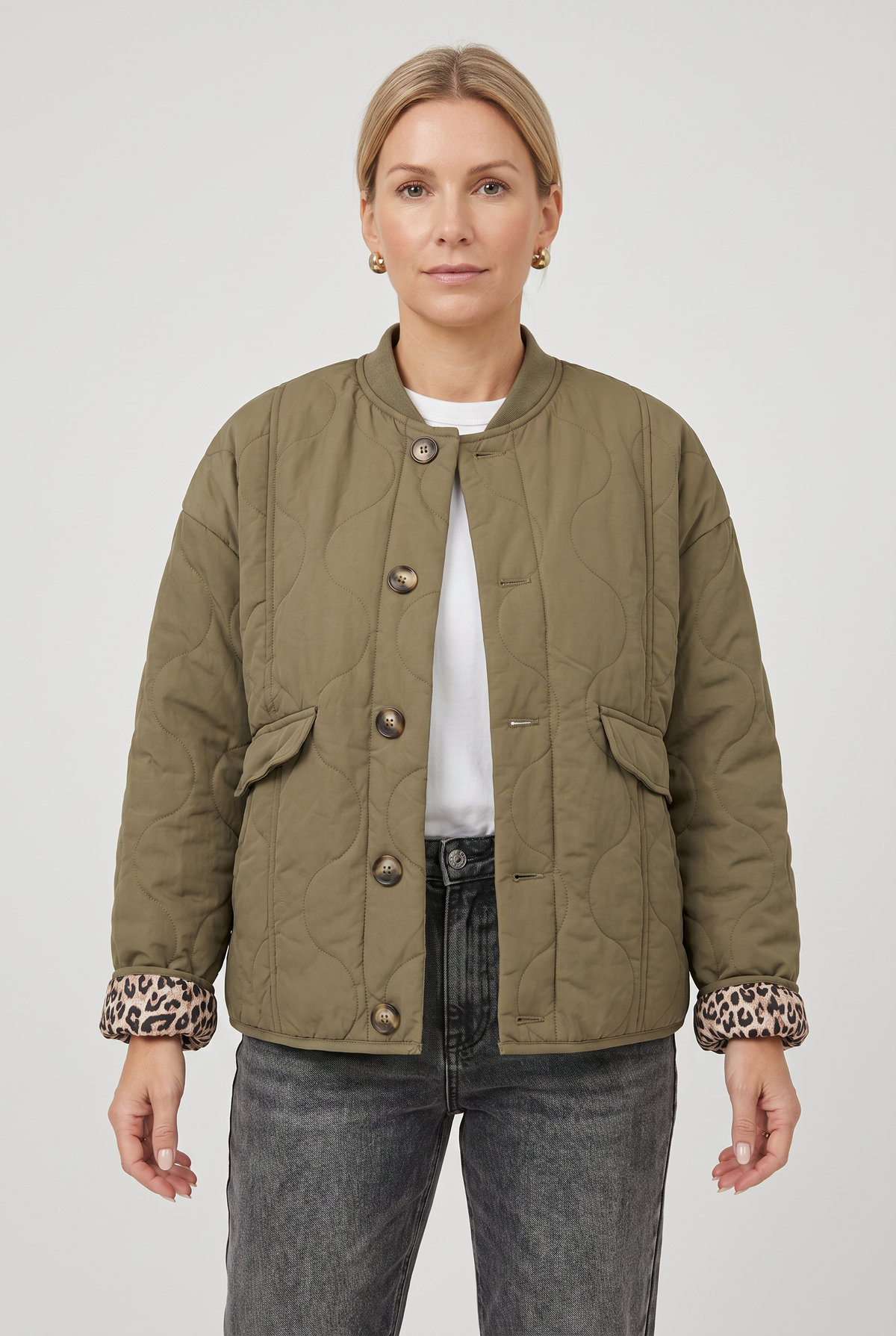Classic Quilted Button Front Jacket with Leopard Lining