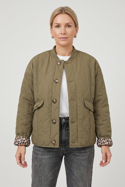 Classic Quilted Button Front Jacket with Leopard Lining