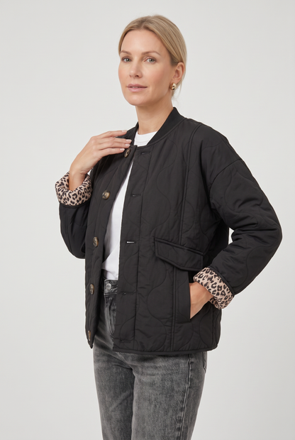 Classic Quilted Button Front Jacket with Leopard Lining