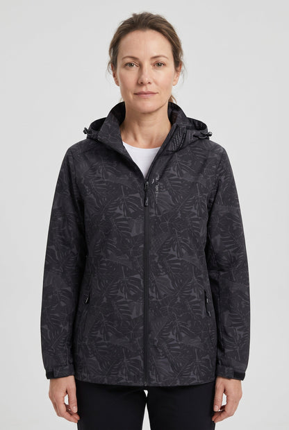 Casual Hooded Rain Jacket with Leaf Print