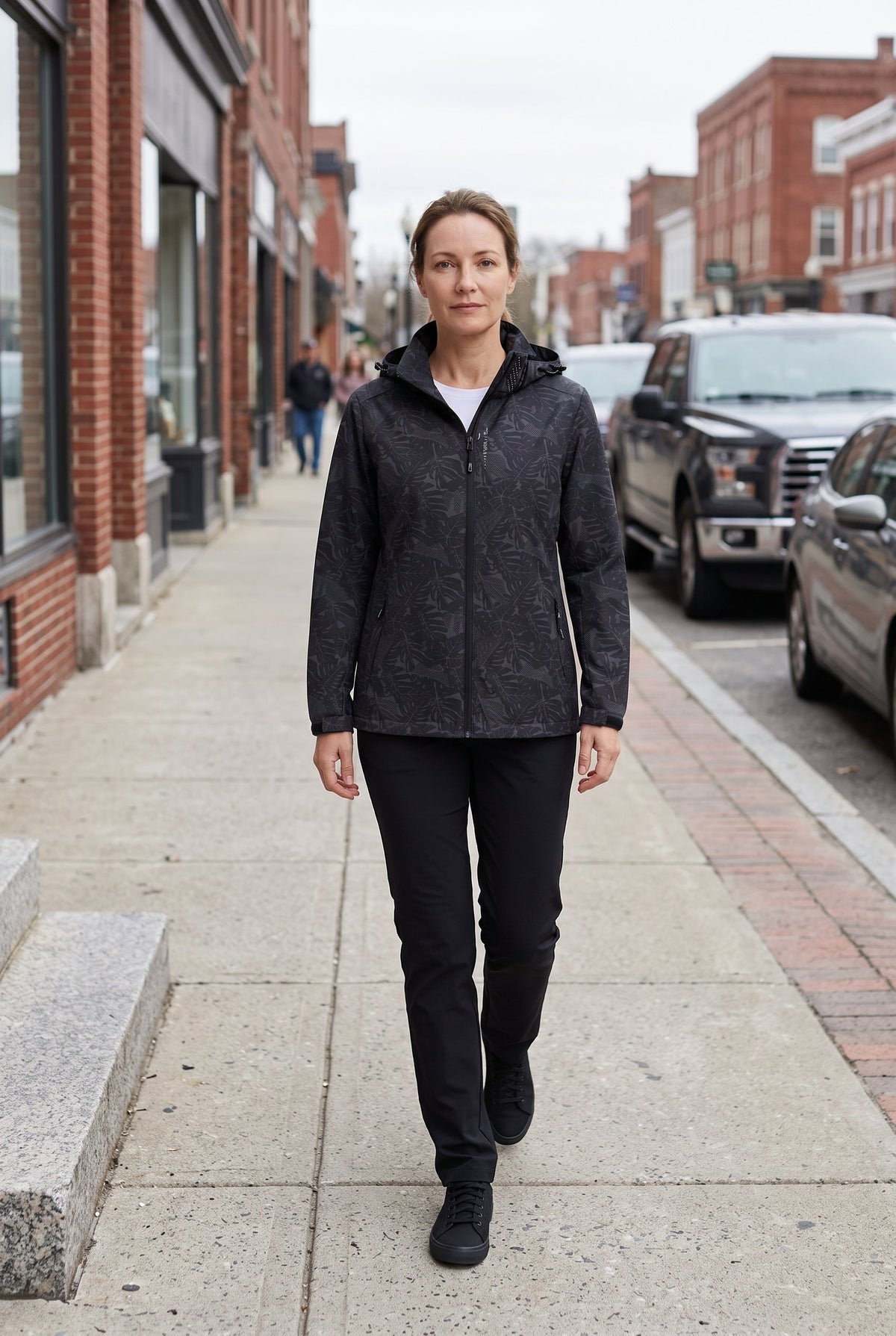 Casual Hooded Rain Jacket with Leaf Print