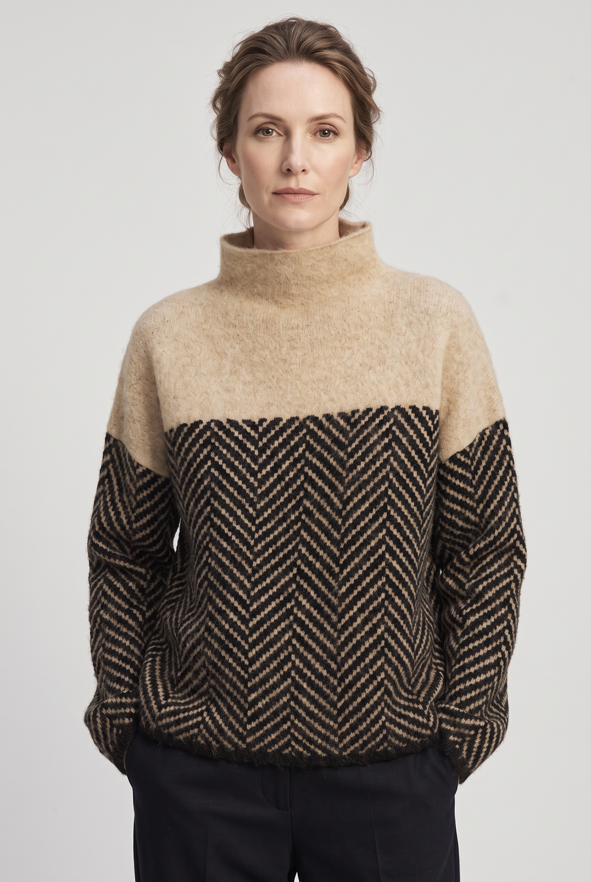 Classic Herringbone Panel Funnel Neck Sweater