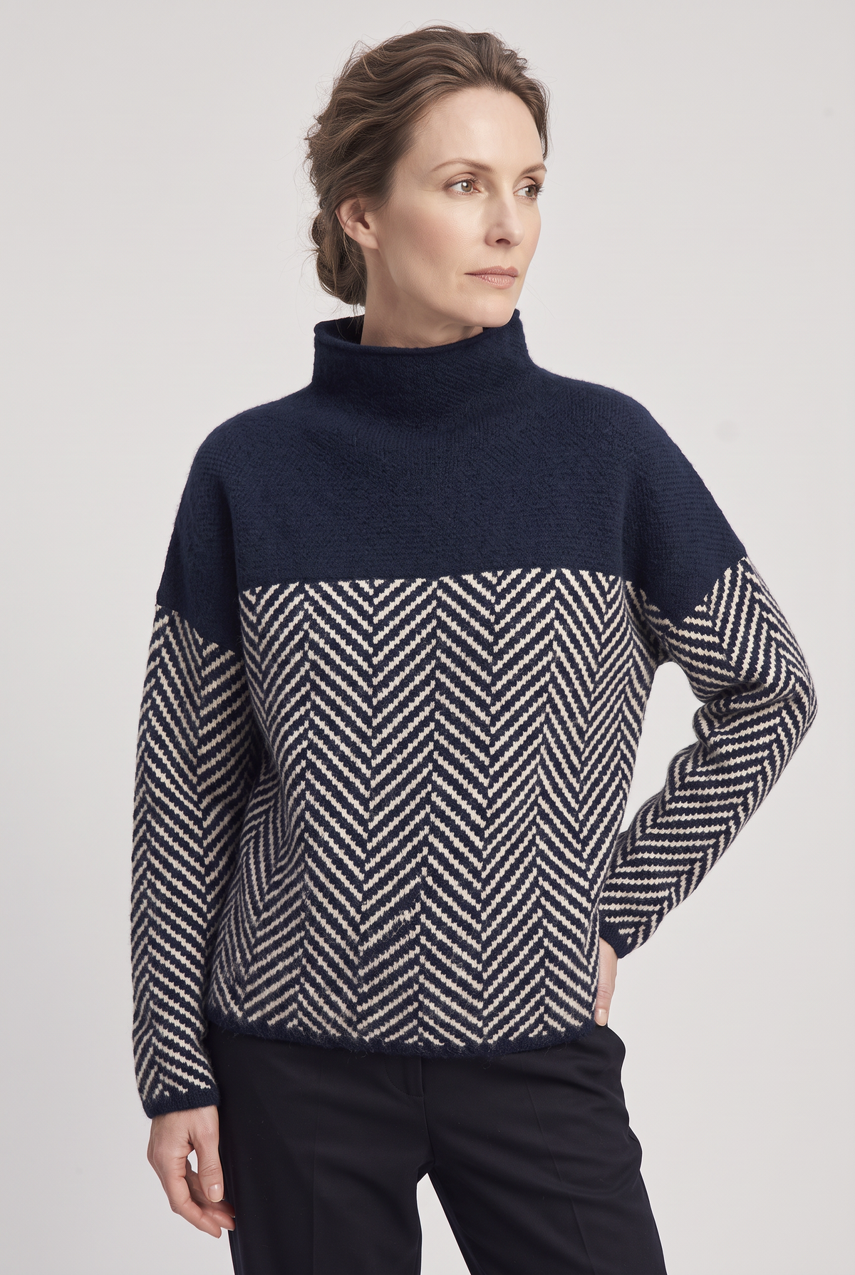 Classic Herringbone Panel Funnel Neck Sweater