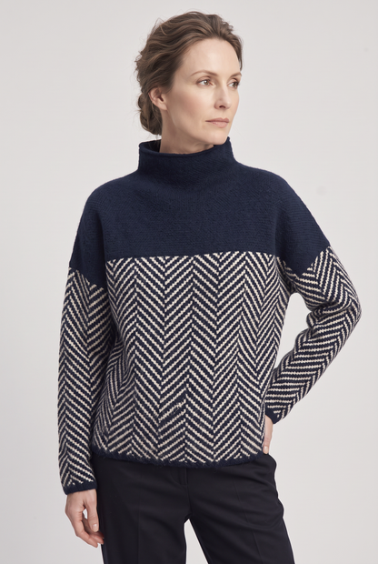 Classic Herringbone Panel Funnel Neck Sweater