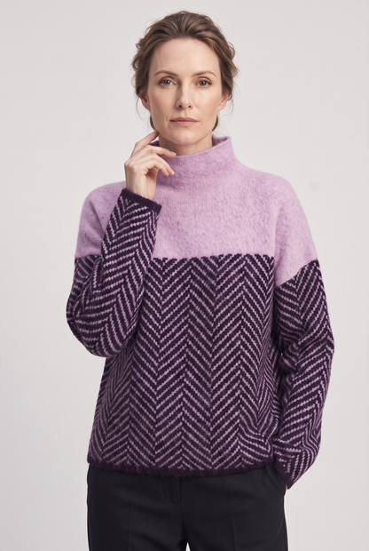 Classic Herringbone Panel Funnel Neck Sweater