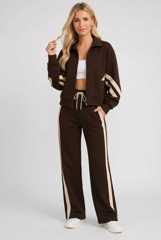 Casual Zip Front Funnel Neck Tracksuit with Wide Leg